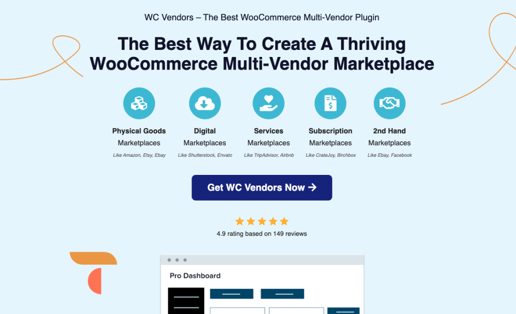 Promotional banner for WC Vendors plugin, promoting it as the best WooCommerce multi-vendor plugin for creating marketplaces for physical goods, digital products, services, subscriptions, and second-hand items.